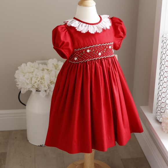 Red Smocked Dress White Collar Boutique Luli & Me Traditional Style NWT - Picture 3 of 5